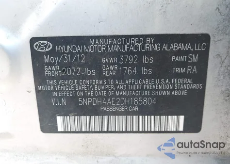 2013 Hyundai Elantra Gls/Limited z USA, uszkodzony, nr VIN 5NPDH4AE2DH185804